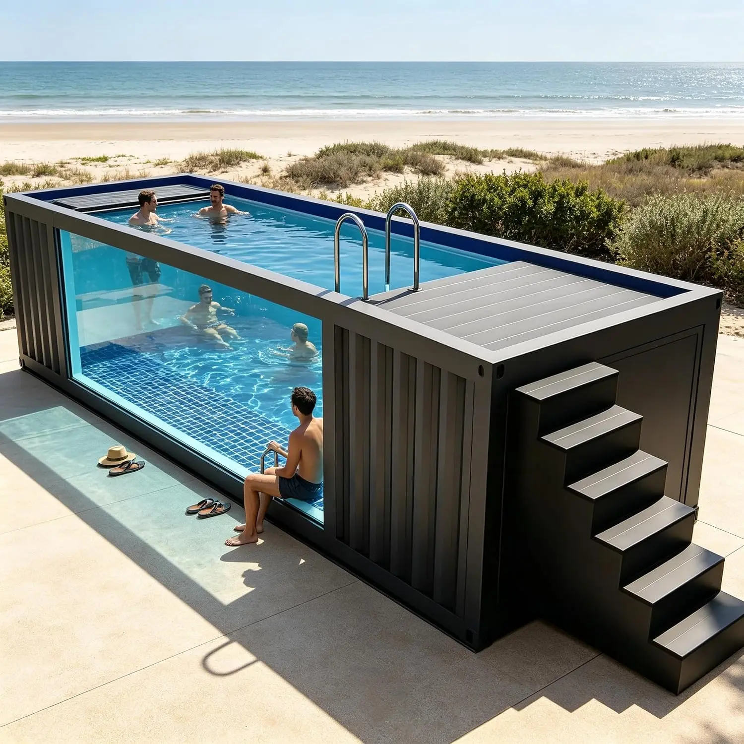 Luxury Modular Prefab Container Pool, Small Shipping Container Pool, Above Ground Swimming Pool with Glass Window and LED Lighting, Portable Outdoor Summer Plunge Pool for Residential Family Backyard