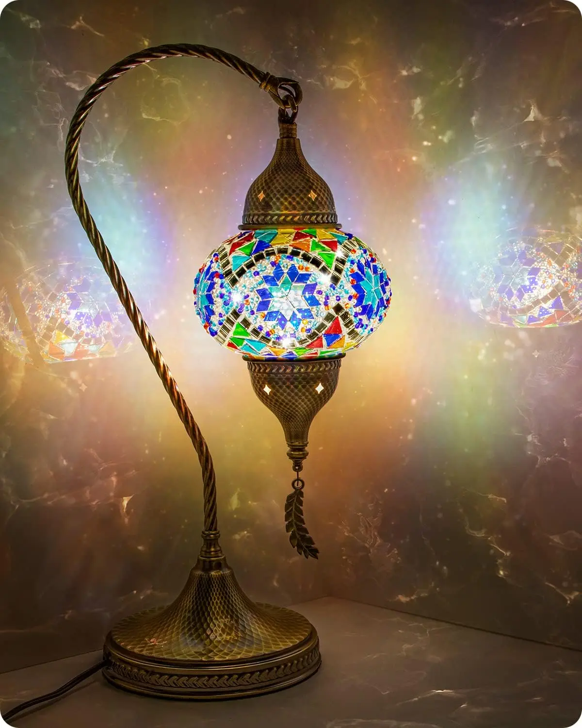 Yarra-Decor Turkish Moroccan Mosaic Table Lamp with Bronze Base - 3 Color Options Handmade Swan Neck Tiffany Mosaic Glass Bedside Lamps for Bedroom, 19" Blue1(LED Bulb Included) Home Design Easter gifts