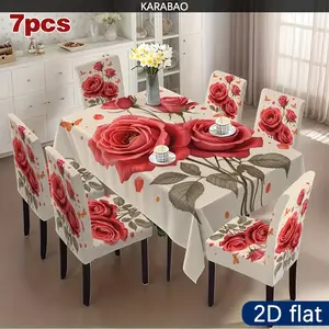2D flat, 5/7pcs, Floral Print Chair Covers Tablecloth Set, 5/7pcs, Reusable Dining Room Decor, Easy Care, Suitable for Home, Party, Gift