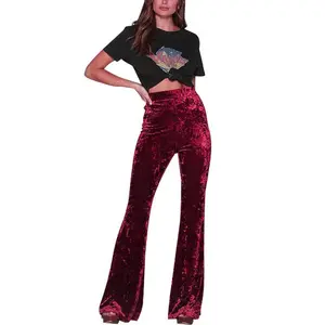 Women’s Velvet Flared Pants, Solid Color High-Waist Wide-Leg Long Pants, Stretch Bell-Bottoms for Autumn and Winter