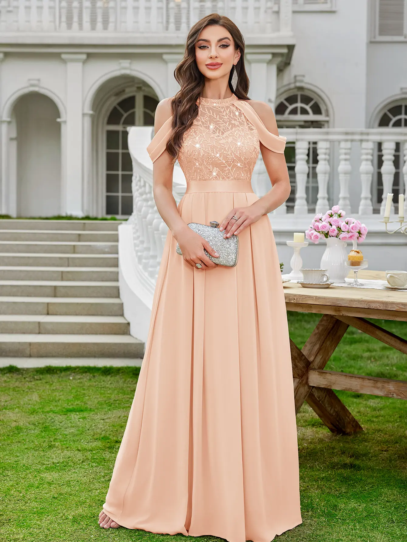 Miusol 25755A Women's Modest A-Line Formal Dress - Halter Neck, Sequin-Embroidered Lace, Off-Shoulder Chiffon Sleeves, Maxi Length, Zipper Closure, All-Seasons, Multi-Color, Easy-On Elegant Evening Dress for Wedding Guests, Formal Dresses, Elegant Dresses