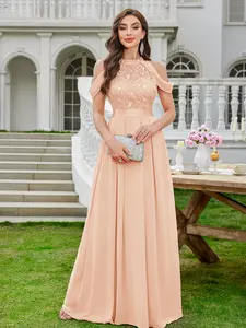 Miusol 25755A Women's Modest A-Line Formal Dress - Halter Neck, Sequin-Embroidered Lace, Off-Shoulder Chiffon Sleeves, Maxi Length, Zipper Closure, All-Seasons, Multi-Color, Easy-On Elegant Evening Dress for Wedding Guests, Formal Dresses, Elegant Dresses