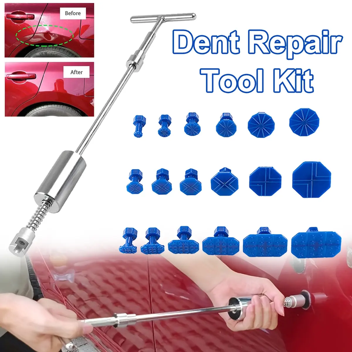 Car Dent Repair Tool Kit, Car Dent Remover, Long T-Handle Puller, Paintless Dent Removal Set, Ideal for Minor Hail Damage, No Glue Gun Included, Automotive Repair Tools, Auto Repair Supplies