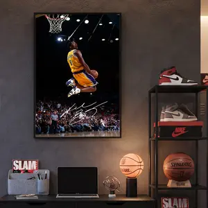 Kobe Bryant Dunk Framed Canvas Wall Art Photo Set - Minimalist, Durable Black Frame with Plexiglass, Motivational Home Decor for Boys' Bedroom, Artwork, Fade-Resistant