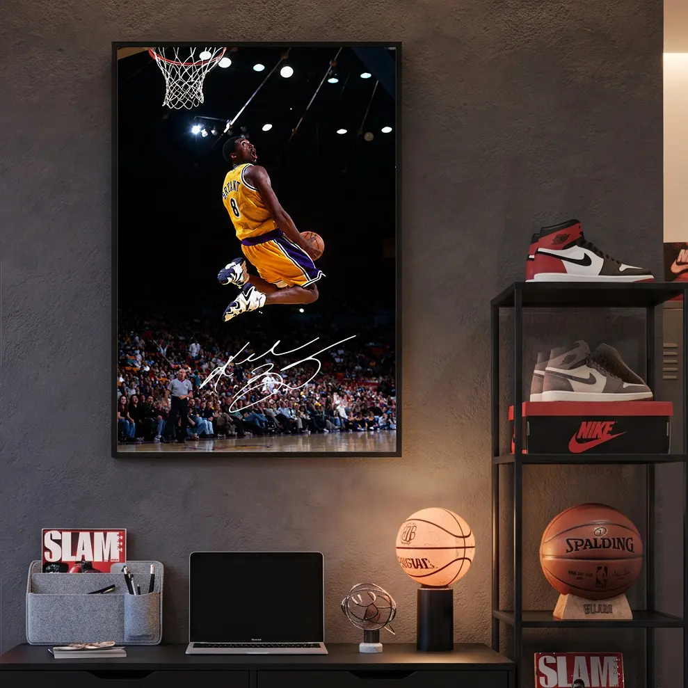Kobe Bryant Dunk Framed Canvas Wall Art Photo Set - Minimalist, Durable Black Frame with Plexiglass, Motivational Home Decor for Boys' Bedroom, Artwork, Fade-Resistant