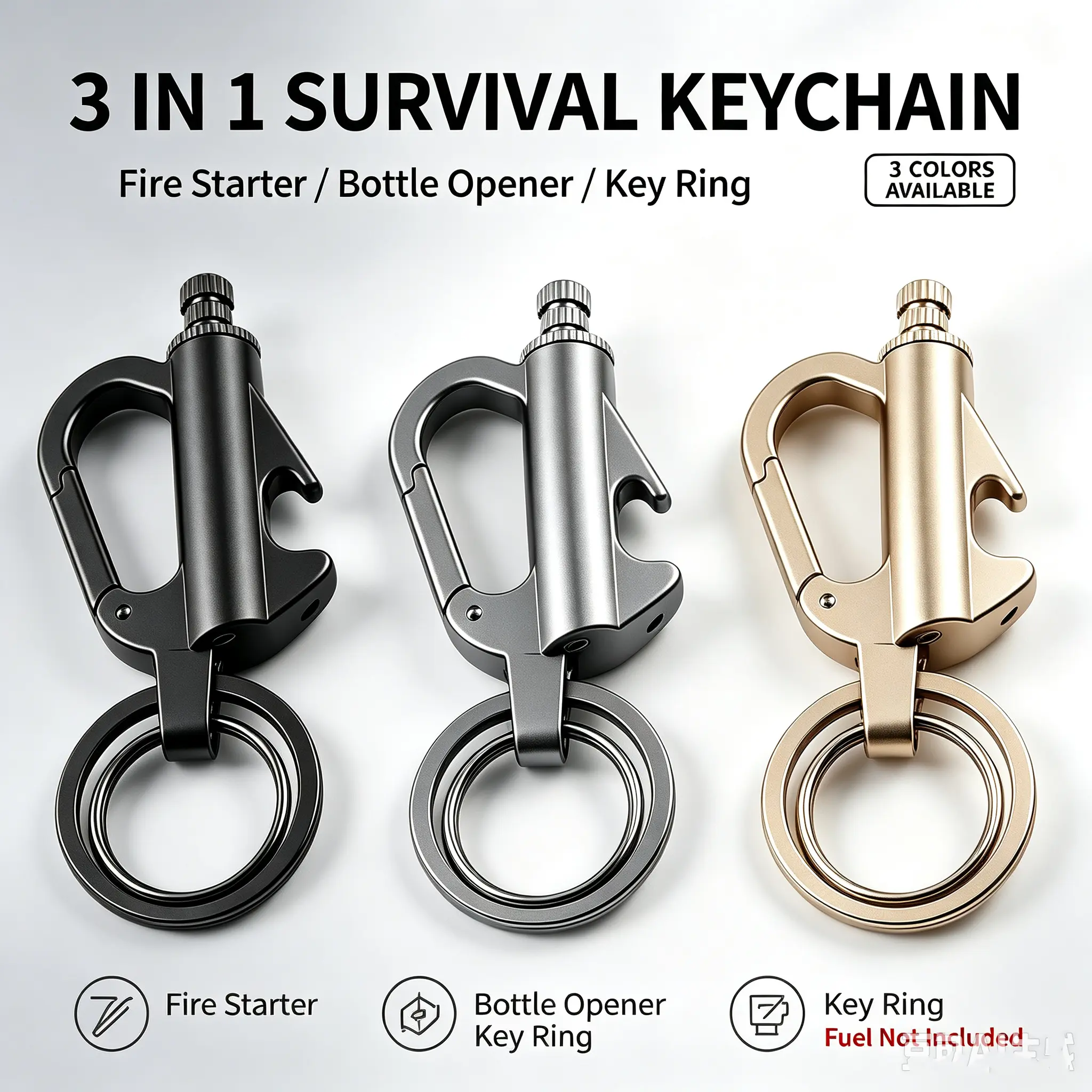 Metal 3-in-1 Compact Fire Starter Keychain with Bottle Opener, Outdoor EDC Utility Survival Multi-Tool for Hiking/Camping, Fuel Not Included, Survival Tools