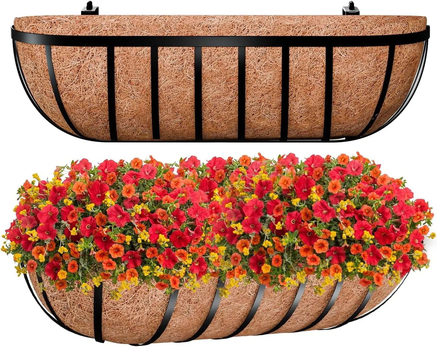 24 Inch Railing Planter Box, 2 Pack Metal Window Box with Coco Liner | Rust-Resistant Metal, Adjustable Brackets, Natural Coconut Coir Liner, All-Season Outdoor Use, for Deck Porch Balcony Fence