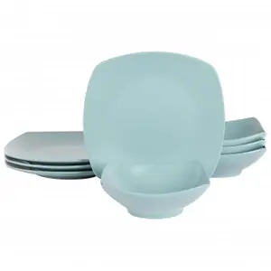 212 MAIN Square Fine Ceramic Tableware Set - 8-Piece Zen Buffetware, Matte Arctic Blue, Includes Plates, Dinner Plates and Bowls
