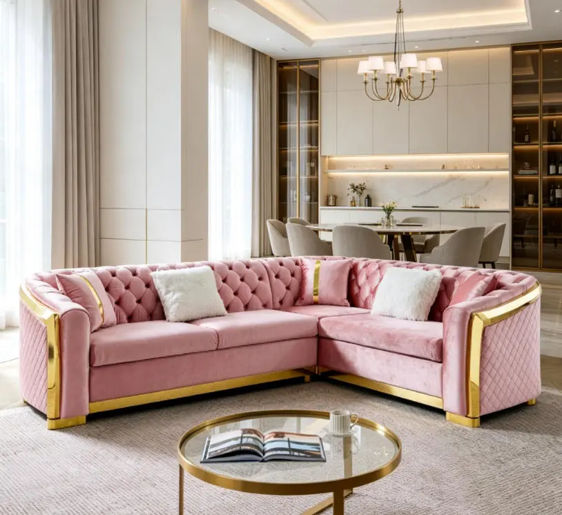 106-Inch L-Shaped Chesterfield Sectional Sofa Set, Velvet Button-Tufted Couch with Gold Stainless Steel Accents, 5 Pillows, Luxury Living Room Indoor Furniture Decorative Sofa Combination Sofa Set