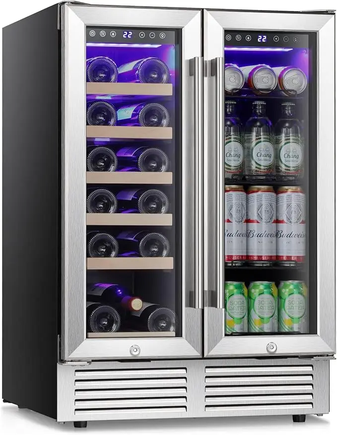 Antarctic Star 24" Multifunctional Dual Zone Wine & Beverage Refrigerator, Glass Door, Blue LED, 18-Bottle & 66-Can Capacity, Built-in Quiet Low-Vibration Stainless Steel Frame Cooler, Multifunctional Refrigerator