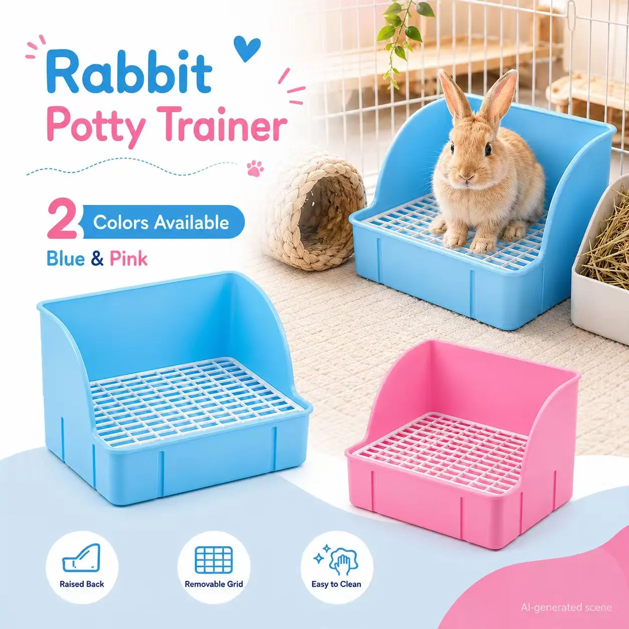 Rabbit Litter Box with Removable Grid, Raised Back Small Animal Potty Training Tray for Bunny & Guinea Pig, Easy-Clean Cage Toilet, Blue or Pink