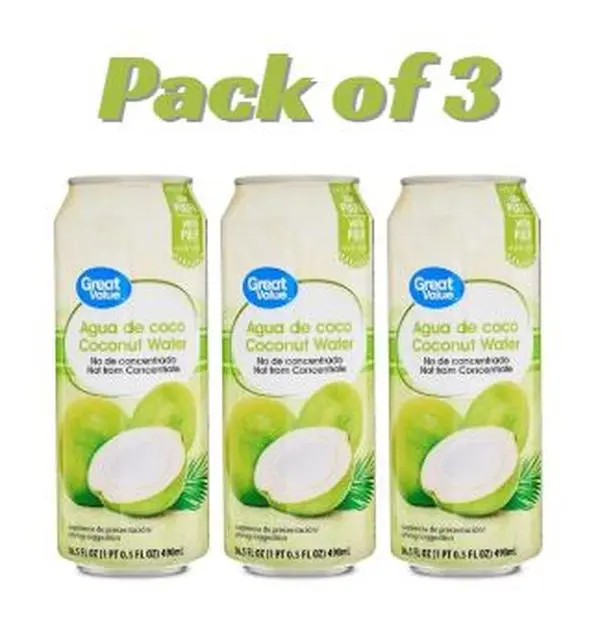 Great Value Coconut Water with Pulp, Essential Electrolytes Drink, 16.6 fl oz Bottles, Pack of 3 – Refreshing Coconut Beverage with Natural Hydration & Electrolytes