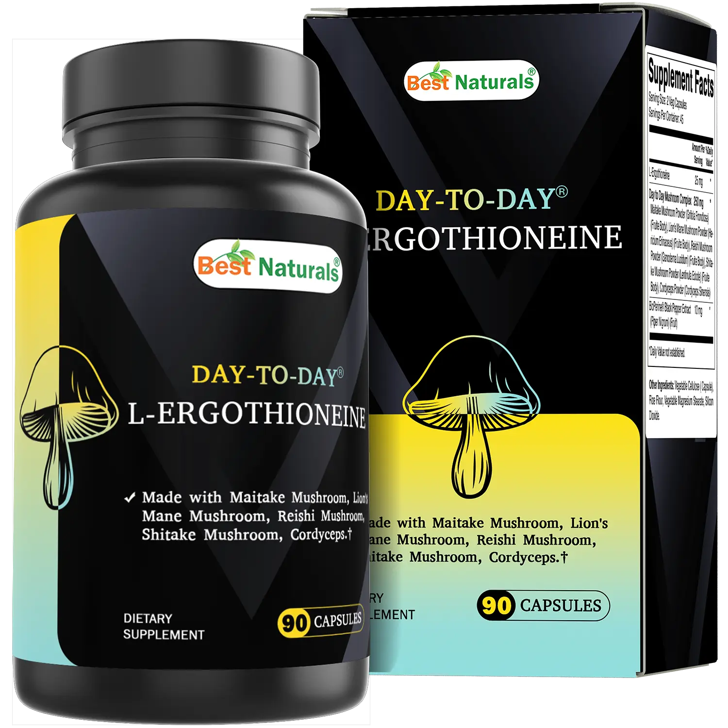 Best Naturals Day-to-Day L-Ergothioneine 25 mg with Maitake Mushrom, Lion's Mane Mushroom, Reishi Mushroom 90 Capsules