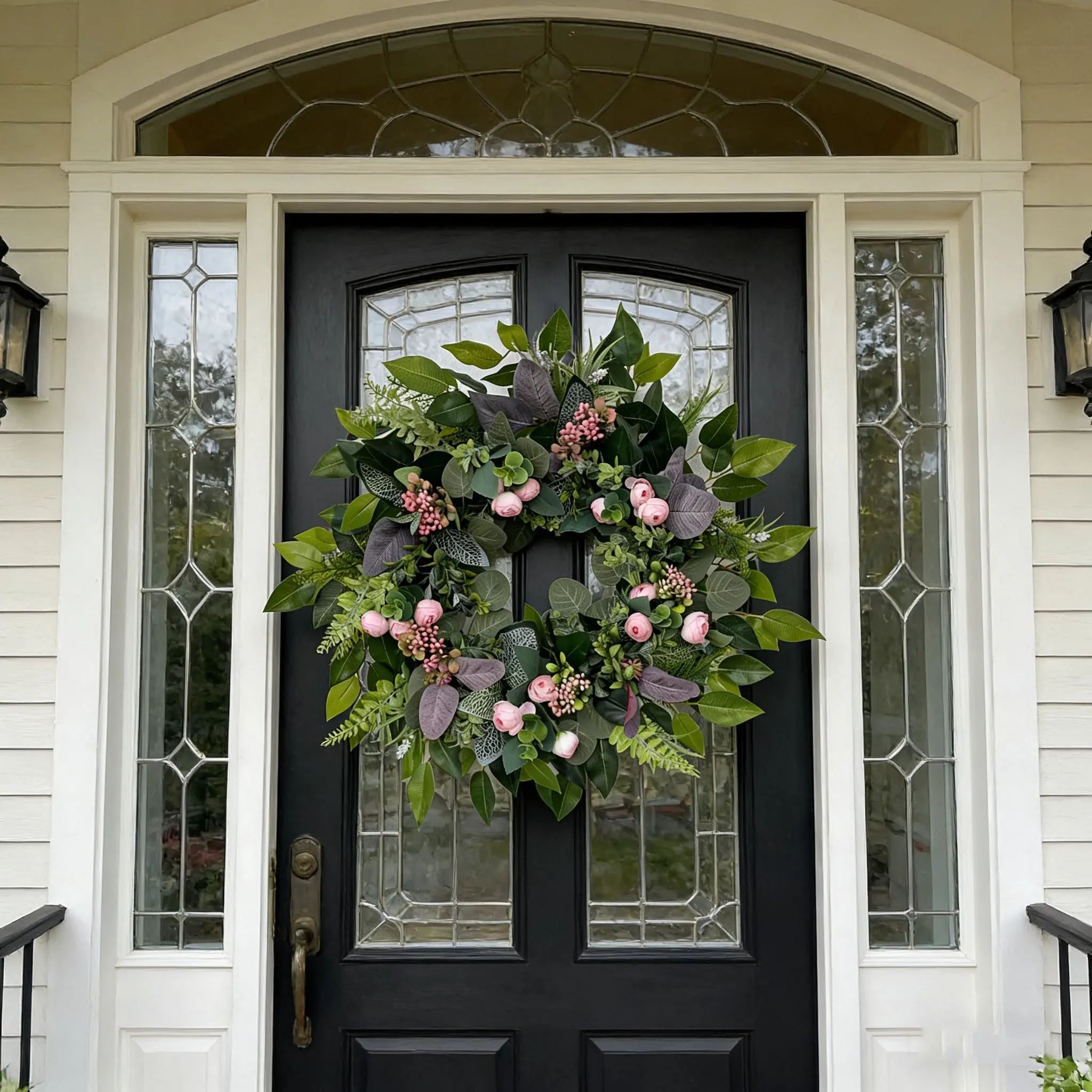 Country Farmhouse Style Greenery Wreath, Floral Eucalyptus Wreath, Light Peony Bud with Eucalyptus Leaves, All-Season Home & Entryway Decoration, Decorative Wreath