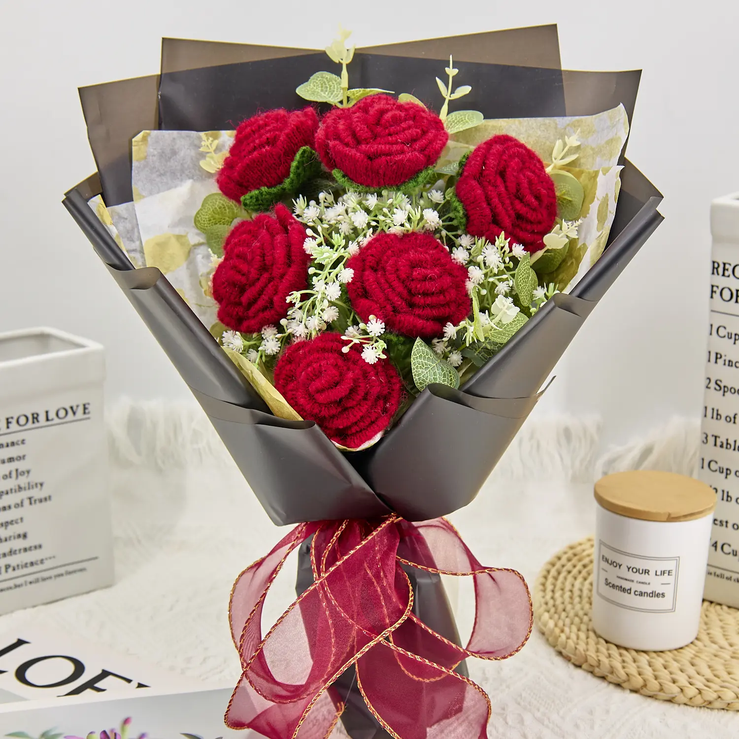 Back to School Gift Handmade Crochet Flowers Bouquet Teacher Gift Student Gift for Girlfriend Birthday Graduation Wedding Anniversary Just Because with Roses Forever Flowers Greeting Card US Fast Shipping
