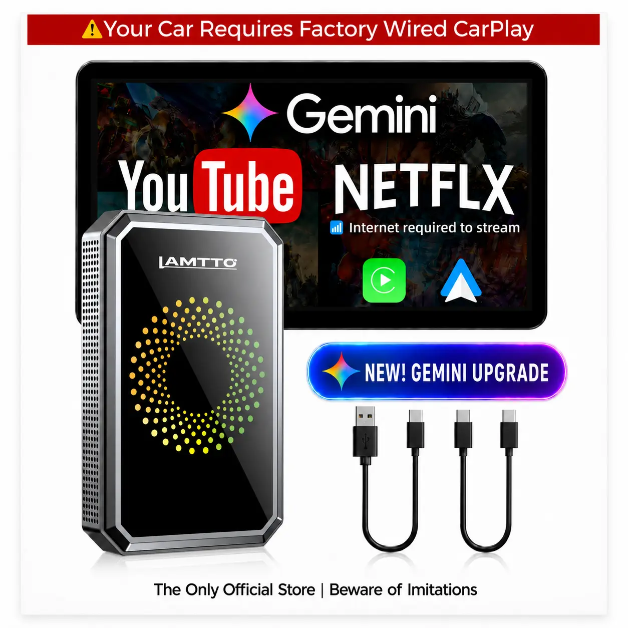 【️️CHECK COMPATIBILITY】LAMTTO 2026 Wired CarPlay to Wireless Adapter - Stream Netflix/YouTube/TikTok & Gemini AI on the Touchscreen : Hotspot Required, ONLY for Wired CarPlay/AA Vehicles - NOT for Wireless CarPlay | Summer Essential Car Accessories