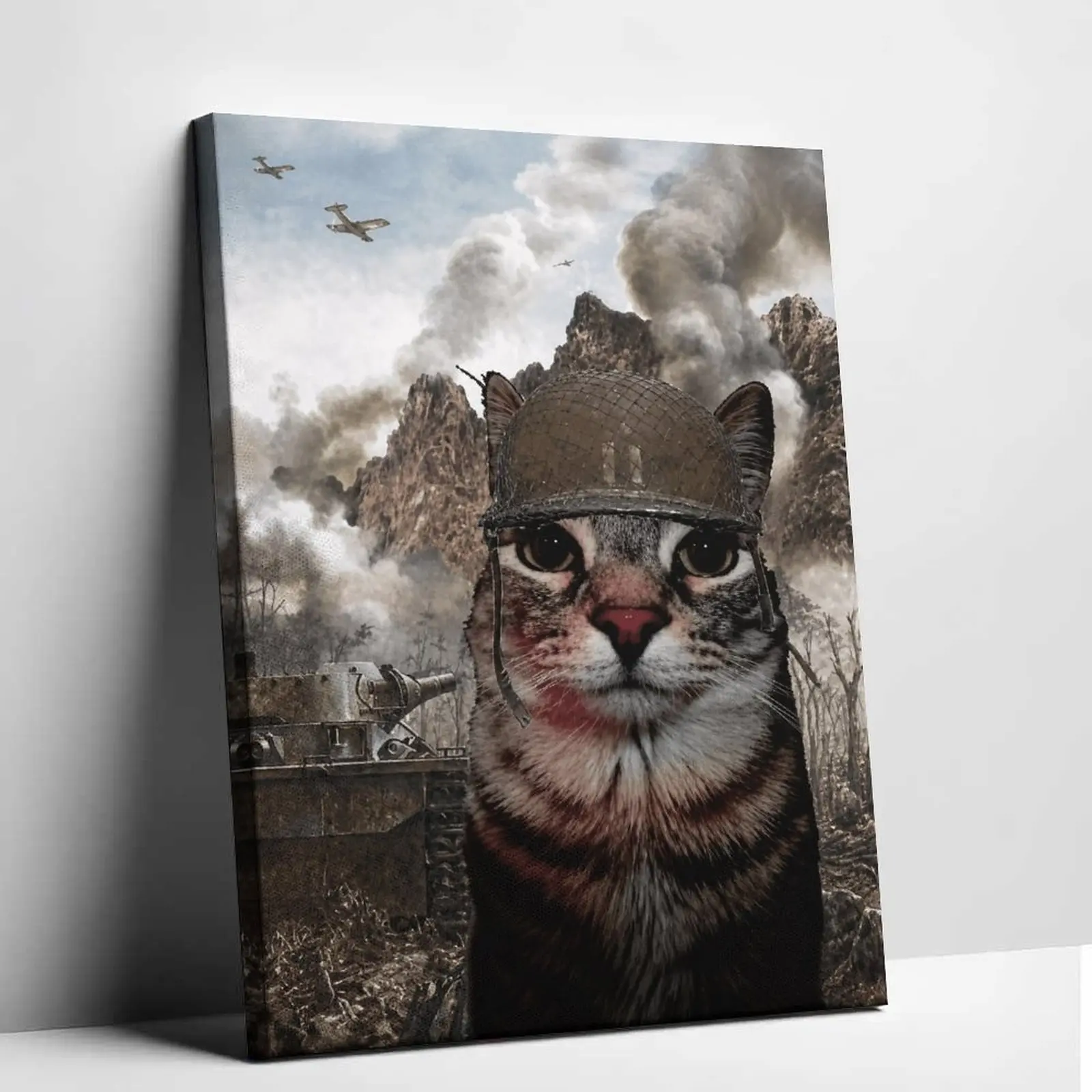 Funny Soldier Cat Canvas Wall Art Cute Tabby Cat Wearing WWII US Army Helmet Poster Print Retro Military Meme Vintage Tank Battlefield Scene Canvas Painting Whimsical Aesthetic Picture Decor for Gamer Room