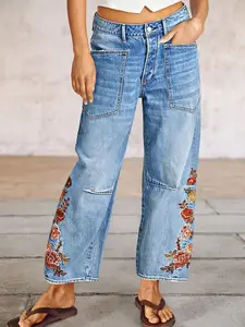 Women's Boho Embroidered High-Waist Wide-Leg Vintage Denim Jeans Trouser - Comfortable, Casual, Relaxed-Fit Soft Wash Bottoms with Pockets, Streetwear for Festival & Everyday Style