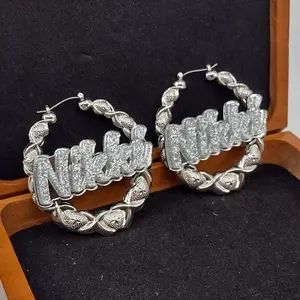 Custom XOXO Name and Background Silver Hoop Earrings