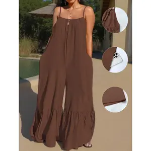 Women's solid color strapless jumpsuit, wide leg pleated hem, large capacity pocket, lightweight breathable fabric, essential for summer vacationRAIMENTRY