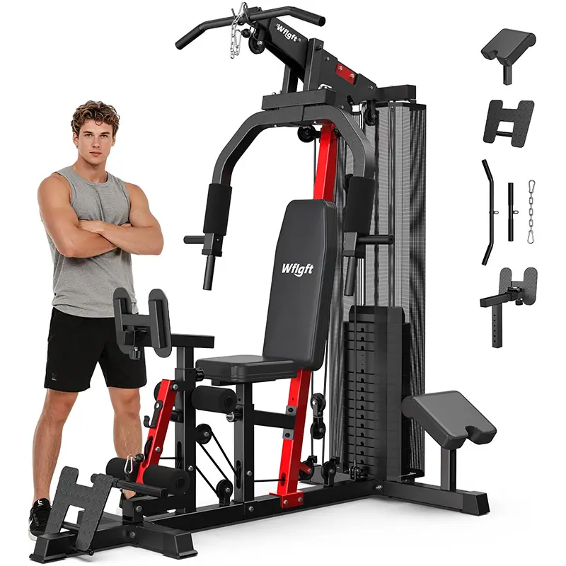 Pooboo Home Gym Equipment, Black Heavy-Duty Steel Home Fitness Trainer with Pull Up Bar, Leg Press, and 148 LBS Weight Stack for Full-Body Training, Multifunctional Workout Station, Leg Press Machines For Home Gym
