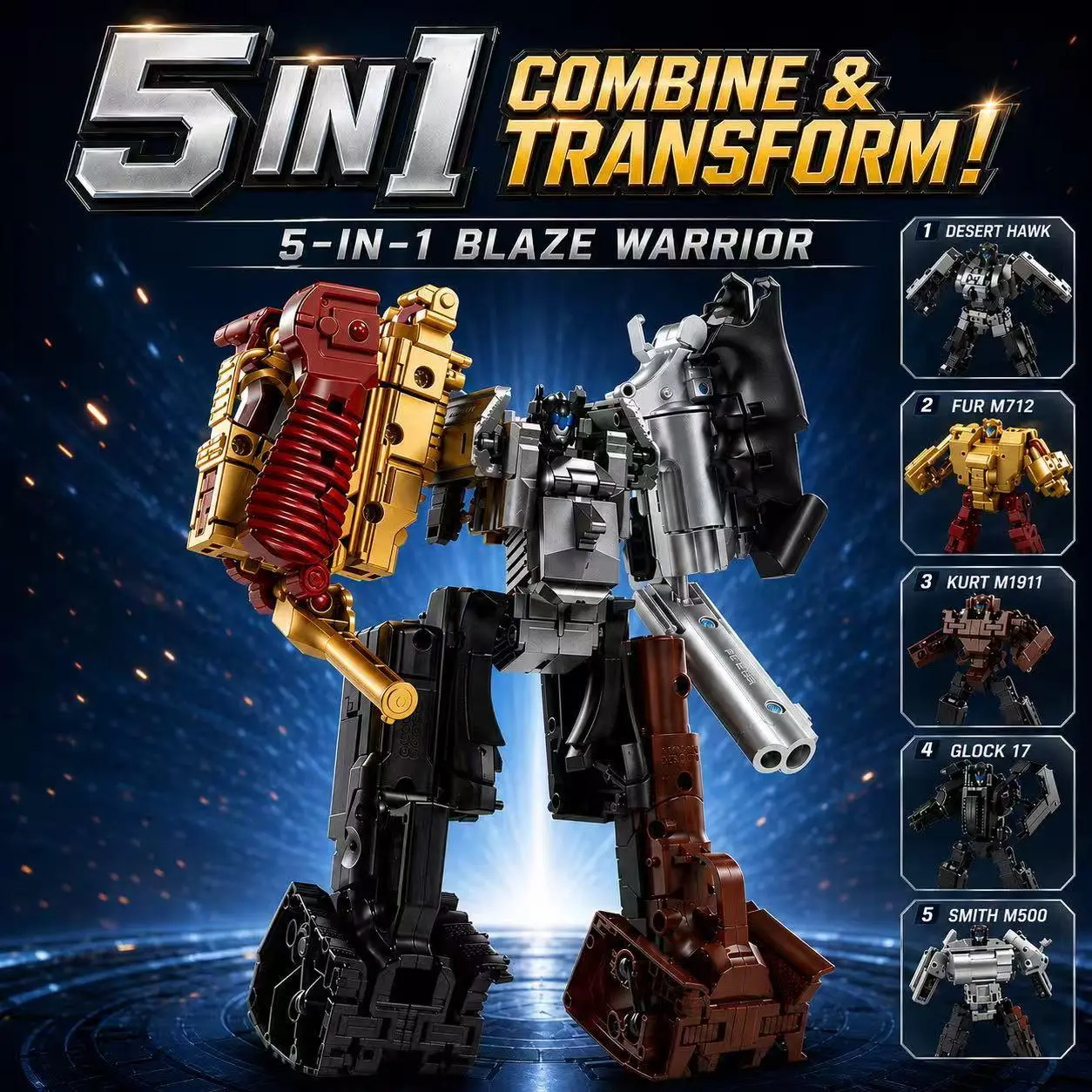 5-in-1 Transforming Gun Robot Toy, Anti-Drop Alloy-ABS Deformation Mecha Warrior, DIY Assemble Combat Action Figure Birthday Gift for Boys