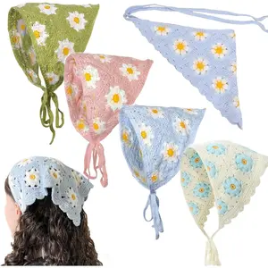 Crochet Bandanas Headbands Cute Flowers Hairbands Pink Knitted Headscarf Green Daisy Head Scarf Foral Headwrap