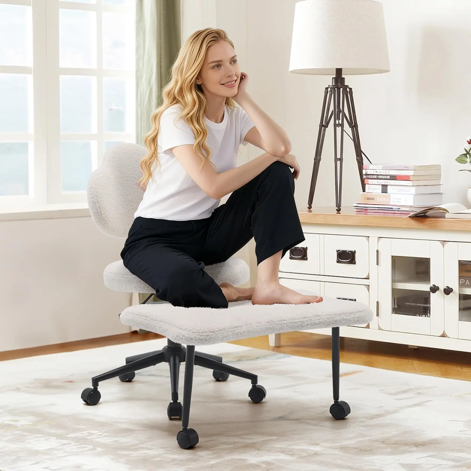 Garvee Ergonomic Cross Legged Office Chair, 360° Swivel Meditation Kneeling Chair with Wheels, Adjustable Height for Meditation, ADHD & Yoga, Lumbar Support, Wide Criss Cross Design, Teddy Fabric, White
