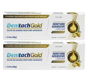 Denttach Gold Denture Adhesive, Petroleum Free Olive Oil Based Premium Denture Adhesive Cream for Full and Partial Dentures, All Day Secure Hold Denture Glue, Zinc Free, 2.4 Ounce