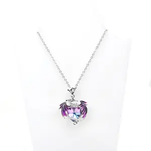 Heart Charm Clavicle Chain Fantasy Crystal Flying Dragon Necklace Jewelry