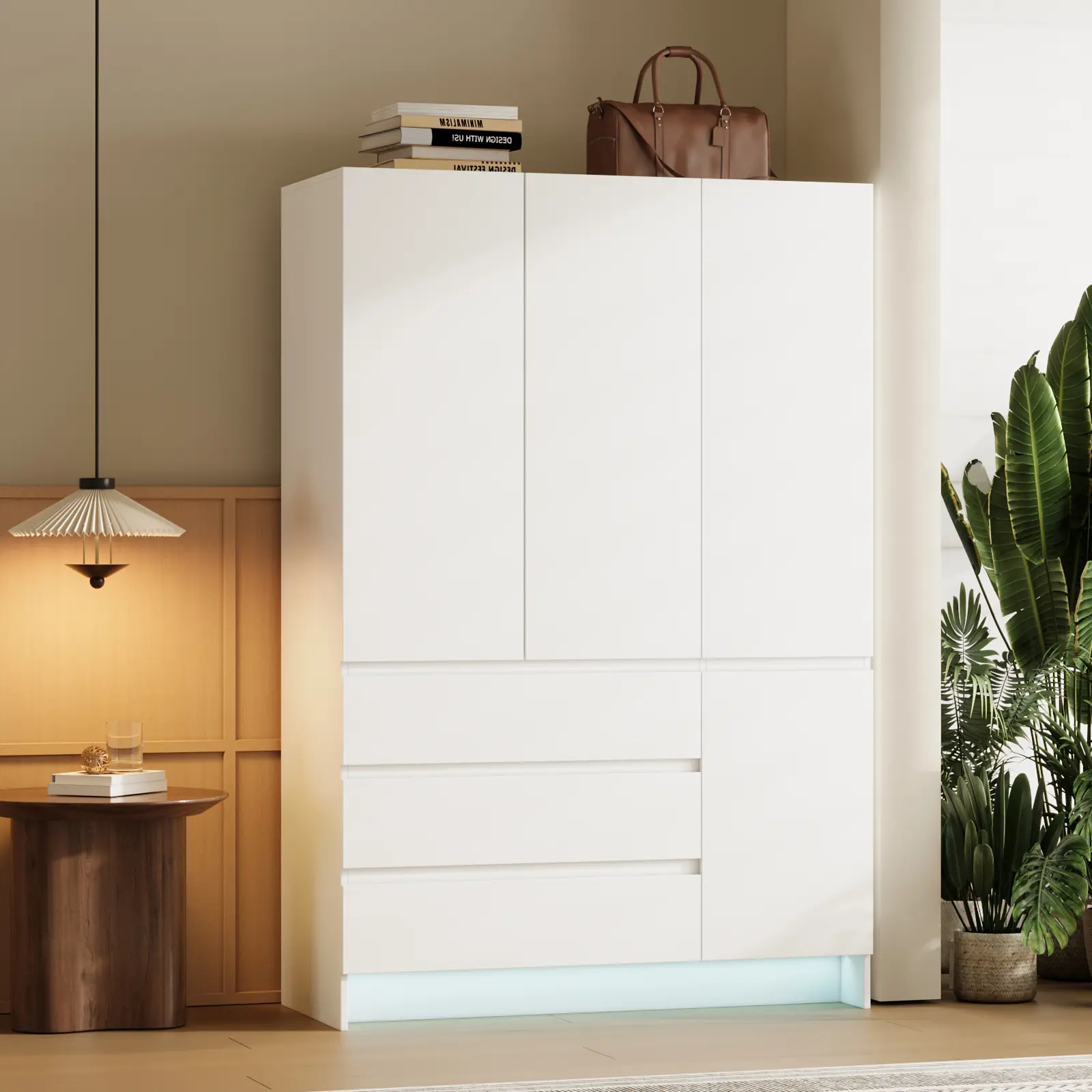 VOWNER Wardrobe Closet with LED Lights, Freestanding Armoire Wardrobe with 3 Drawers, Hanging Rod, Shelves, Mirror, Remote & Bluetooth RGB Light Strip, Modern Bedroom Closet tiktokshopbacktoschool