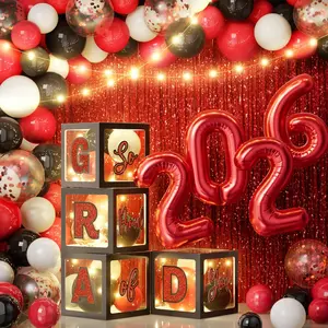 Class of 2026 Graduation Party Decoration Set, 86 PCS Grad Party Supplies with LED Light Strings, Balloon Block Letter Boxes, Foil Curtains Backdrop, 2026 Balloon Garland Kit - Black Red