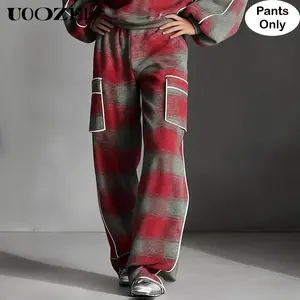 UOOZEE Women's Lightweight Soft Fabric Contrast Color Plaid Cargo Wide Leg Pants - Elastic Waistband, Pockets, Womenswear, Graphic Design - Spring Autumn Casual/Streetwear Trousers (Pants Only)