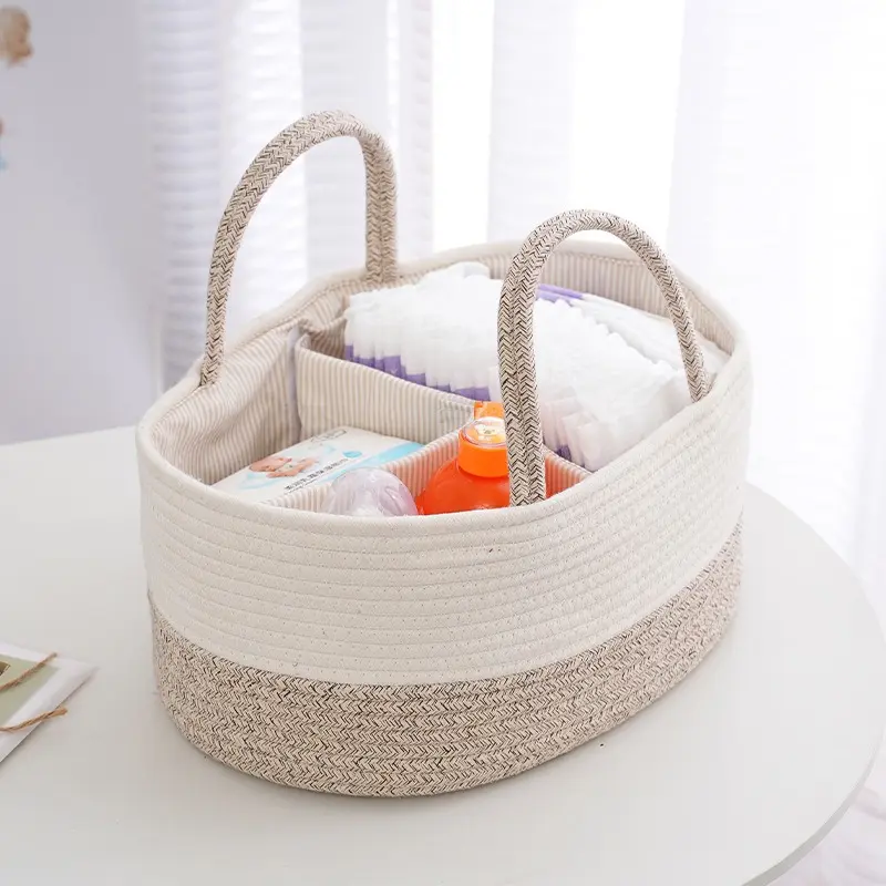 Portable Large Capacity Weaving Storage Basket, Handheld Compartment Organizer, Baby & Infant Care Carryall, Ideal for Diapers and Essentials, Nursery Baskets