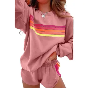 Women's Colorblock Striped Loungewear Set| 2 Piece Casual Short Sleeve Top & Shorts| Oversized Comfy Pajama Set for Fall/Winter
