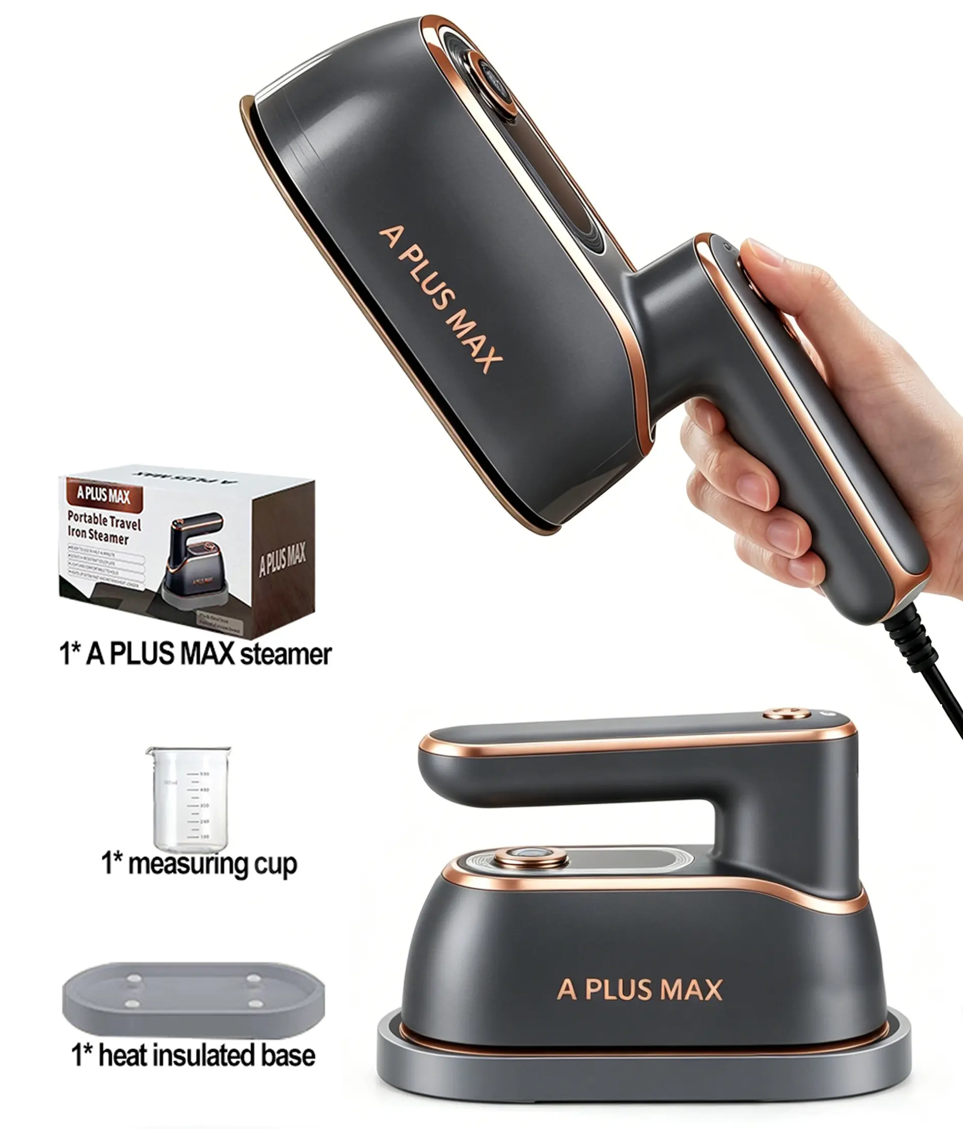 A PLUS MAX 2-in-1 Steam Iron & Handheld Portable Clothes Steamer - Fast Heat-Up, Large Soleplate, 150ml Water Tank, Lightweight Garment Wrinkle Remover for Home, Travel, Holiday Gifts