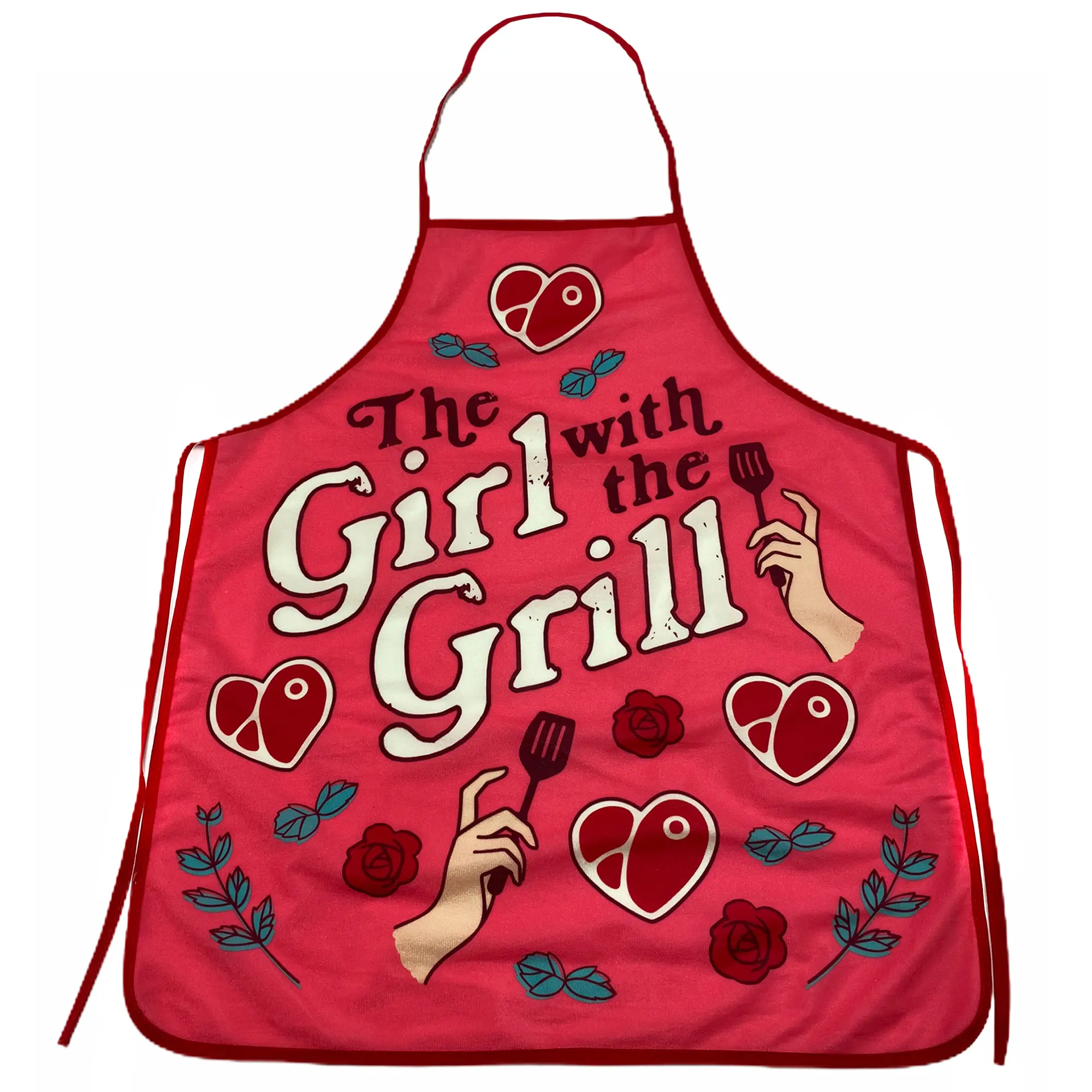 The Girl With The Grill Apron Funny Backyard BBQ Grilling Kitchen Smock Funny Aprons Adjustable Household Items Graphic Print Funny Food Cover Grilling Apparel for Men Red