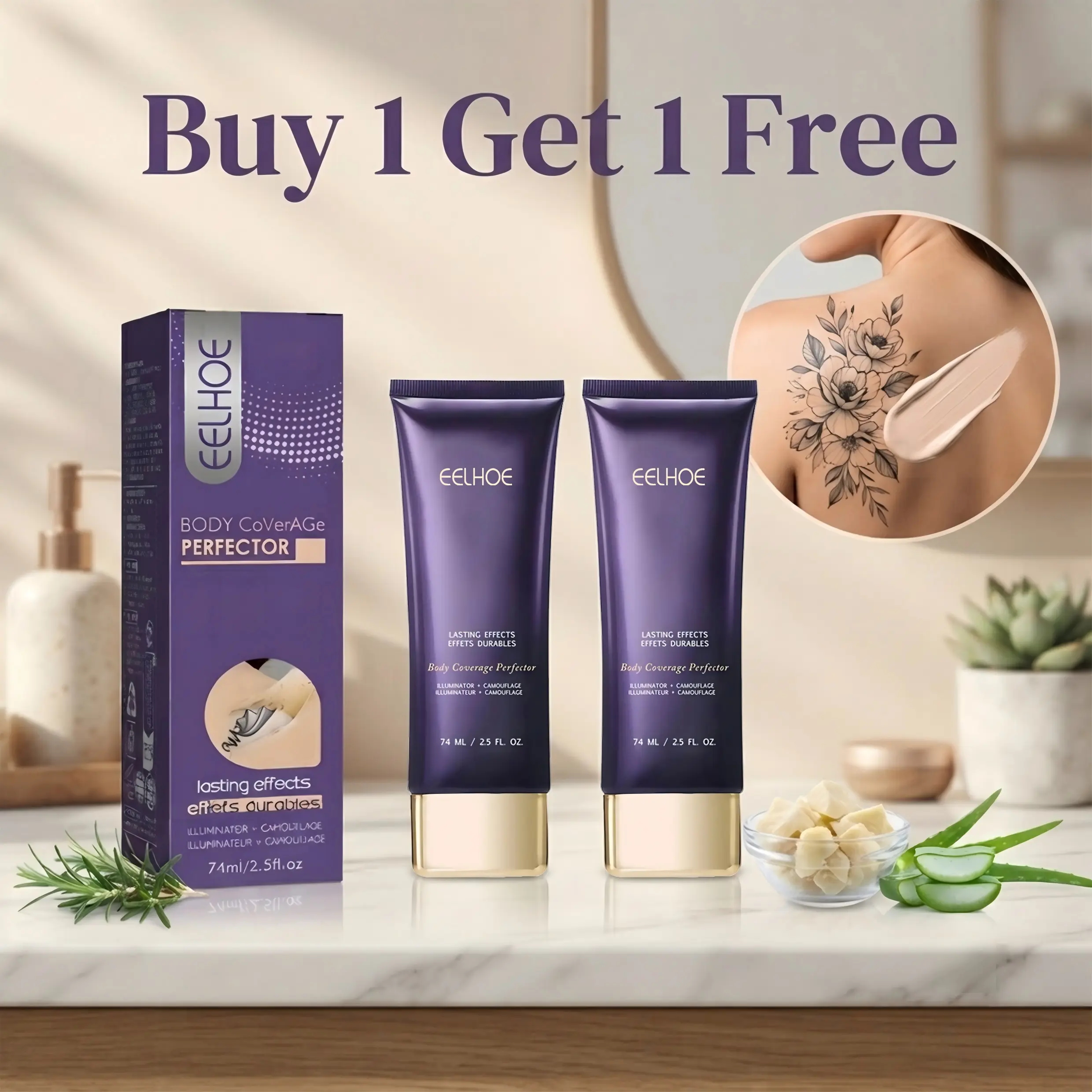 EELHOE Buy 1 Get 1 Free Body Coverage Perfector 2 Pack 2.5 FL OZ, Lightweight Easy Blend Full Body Concealer, Waterproof Long Wear Camo Makeup to Hide Tattoos, Scars, Dark Spots & Varicose Veins