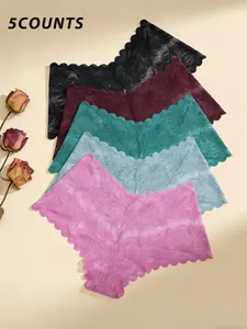 Women's 5pcs Solid Scallop Trim Hollow Out Lace Panty, Casual Womenswear Elegance Comfy Breathable Knicker for Lady Daily Wear, Women's Comfortable Panties Underwear for All Seasons, Soft Breathable Panties