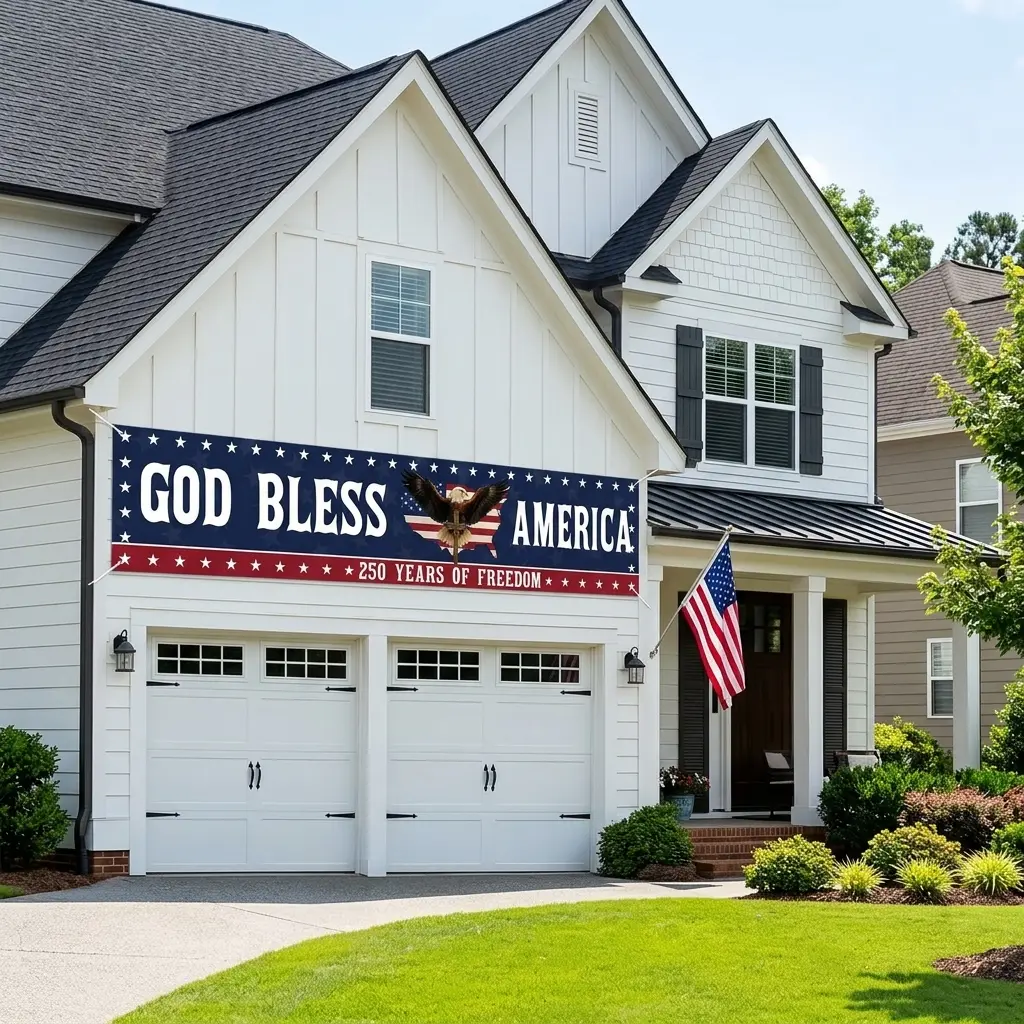 America 250th Anniversary Polyester Party Decoration Banner - Eagle & 1776 Theme, 1776-2026 God Bless America Design, Weatherproof, Vivid Color Hold, Ribbon-Hang Ready 4th of July Patriotic Garden Decor