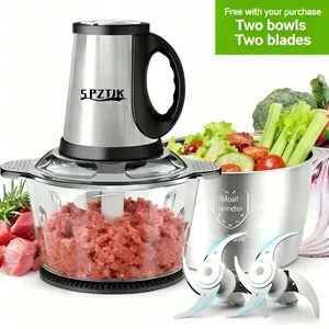 SPZTJK Electric Multi-Function Meat Grinder  for mincing and grinding Comes with 2 bowls (stainless steel and glass) and 2 blades Ideal for vegetables meats dough salads nuts and fresh baby food. BPA-free,dishwasher safe, saves  time For Home .Kitchen Use