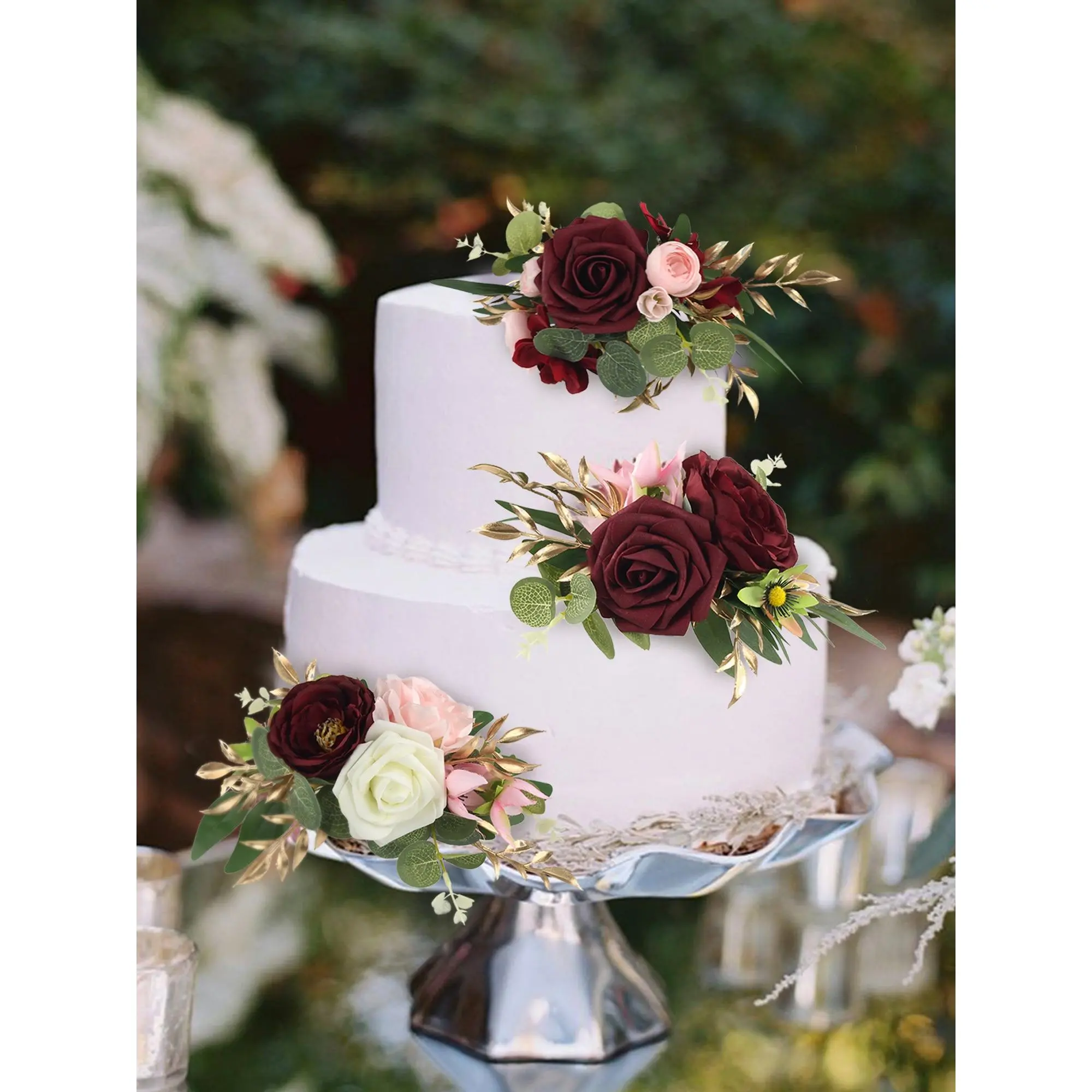 Rinlong 3Pcs 7-Inch W Burgundy Golden Silk Cream Rose Cake Toppers Assorted Set, Civil Wedding Decoration, Anniversary Cake Flower Arrangements, Home & Festive Party Supplies
