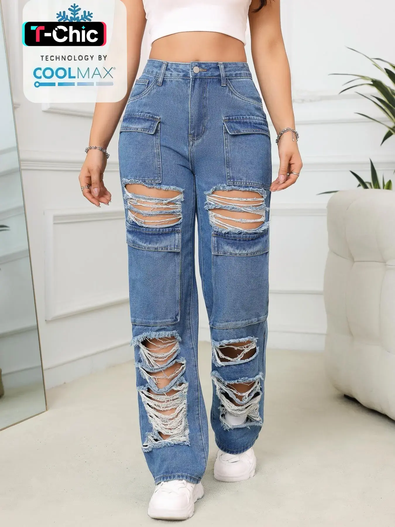 Women's Plain Ripped Fitted Straight Leg Flattering Jeans, Distressed Casual Comfy Denim Jeans, Casual Streetwear Fashion Flap Pocket Button Cotton Denim Trousers for Daily Wear, Ladies Bottoms for All Seasons Pants Womenswear Denim Clothing