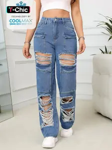 Women's Plain Ripped Fitted Straight Leg Jeans, Casual Streetwear Fashion Flap Pocket Button Cotton Denim Trousers for Daily Wear, Ladies Bottoms for All Seasons Pants Womenswear
