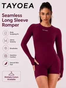 Tayoea Seamless Breathable Compression Long Sleeve Thumbhole Backless Athletic Romper, Ideal for Running Yoga Fitness Cycling, Outdoor Indoor Daily Wear, Sporty Romper, Stretchy Sports Outfit, Workout Gym Clothing