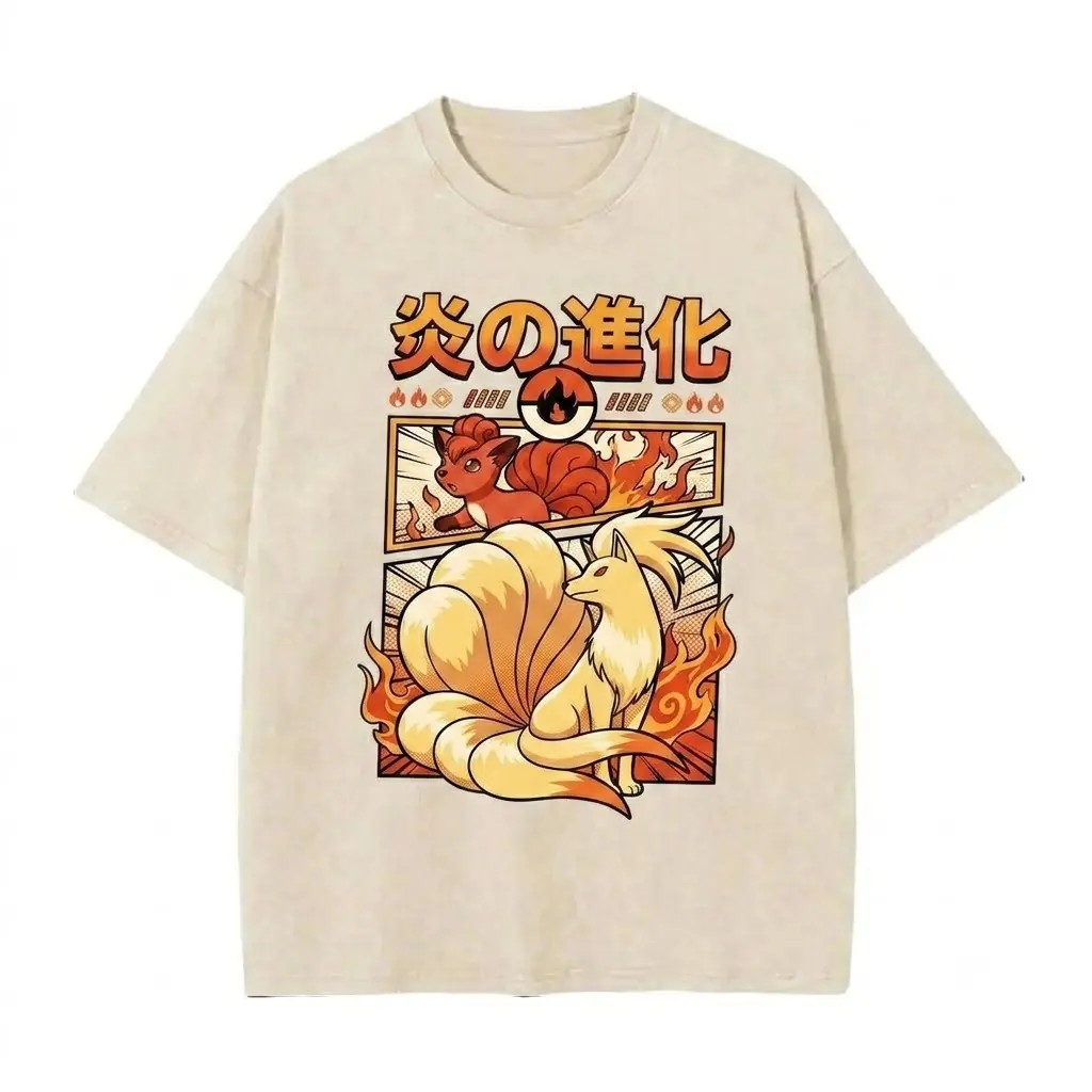Vulpix Ninetales Evolution Graphic T-Shirt Vintage Acid Wash Oversized Anime Manga Tee Streetwear Pokemon Fire Evolution Comfort Colors Shirt, Vulpix Ninetales Pokemon Graphic Tee, Cute Anime Shirt, Pokemon Fan Gift, Anime Birthday Tee