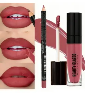 BEAUTYGLAZED 2pcs Lip Makeup Set - Lip Liner + Lip Glaze, Soft Matte Finish, Long Wear, Red & Brown Shades, Natural Lip Look