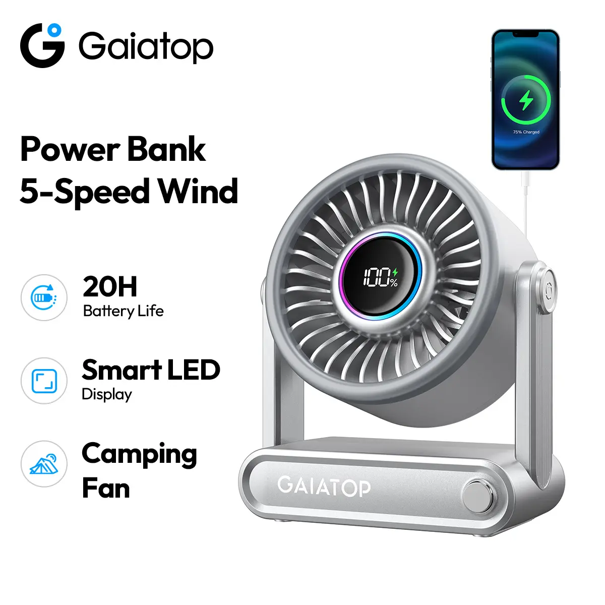 [6000mAh | 5-Speed] GAIATOP Personal Desk Fan with Phone Charging, Portable Cooling Fan, Thoughtful Bedroom Gift Multifunction Rechargeable Fan Multifunctional Fan