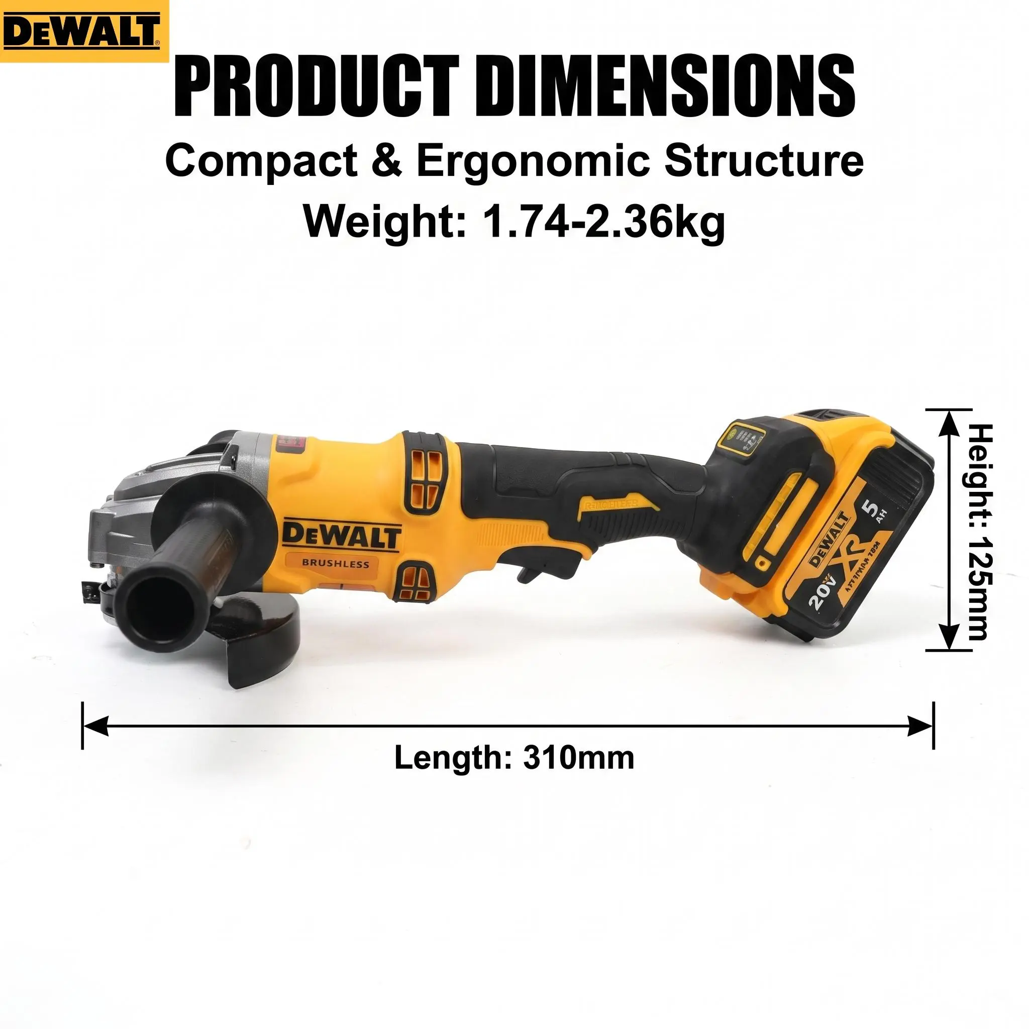 Dewalt DCG405 Grinding Tool 125mm Wheel 800W Power For Workshop Fabrication Hexagon Hole Clamping Structure kitchen cooking furniture industrial repair strong magnet control mode new upgrade heavy-duty application brushless grinder diy task