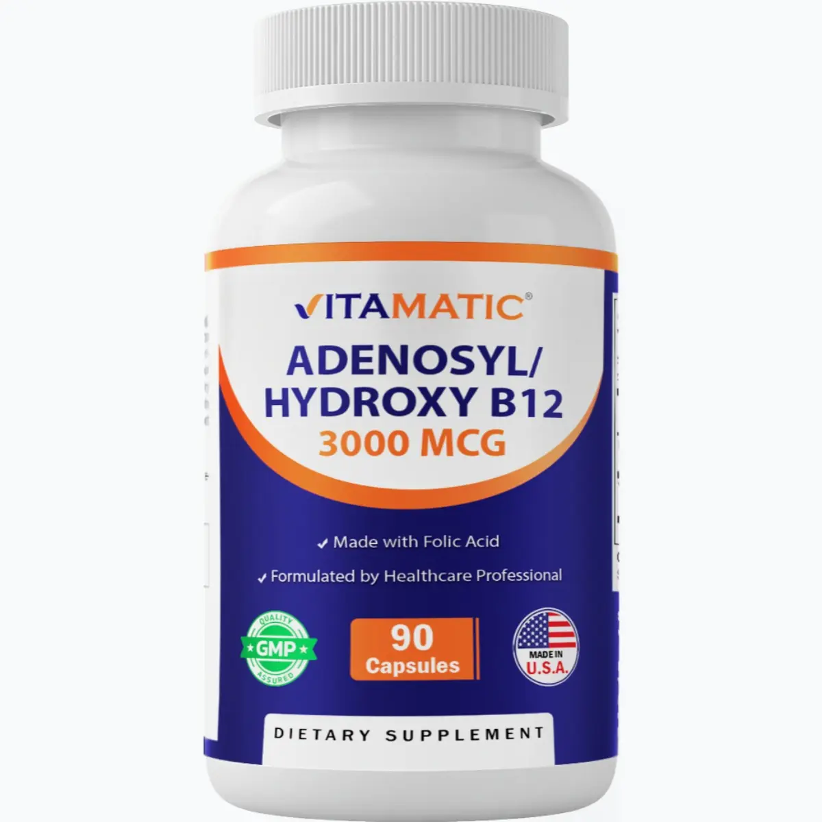 Vitamatic Dual Active B12 Vitamin Dietary Supplement for Adults - 3000 mcg Adenosylcobalamin, Hydroxocobalamin, Folic Acid, B Vitamin Complex, 90 Plant-Based Veg Caps, Brain Health Support, Non-GMO, Allergen-Free, Dairy-Free, Made in USA